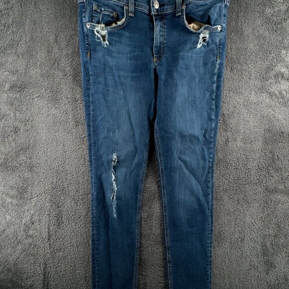 Rag & Bone Skinny Jeans Women Size 31 Medium Wash Stretch Blue Denim Distress - Picture 1 of 16